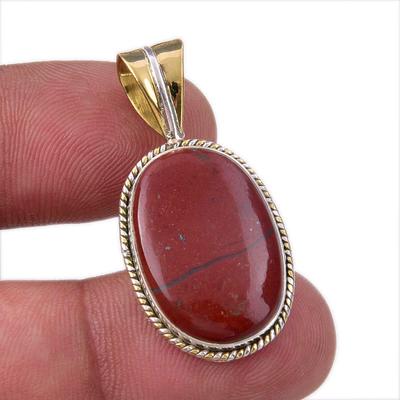 Natural Red Jasper Gemstone 925 Solid Sterling Silver TwoTone Pendant 1.50" N9u48