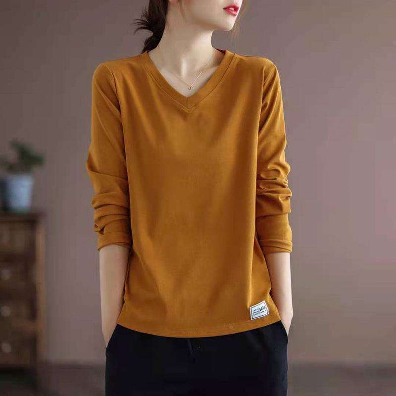 Women's Korean V-Neck Long Sleeve T-Shirt, Loose Fit, Slimming, Plus Size, Casual Versatile Top for Spring and Autumn