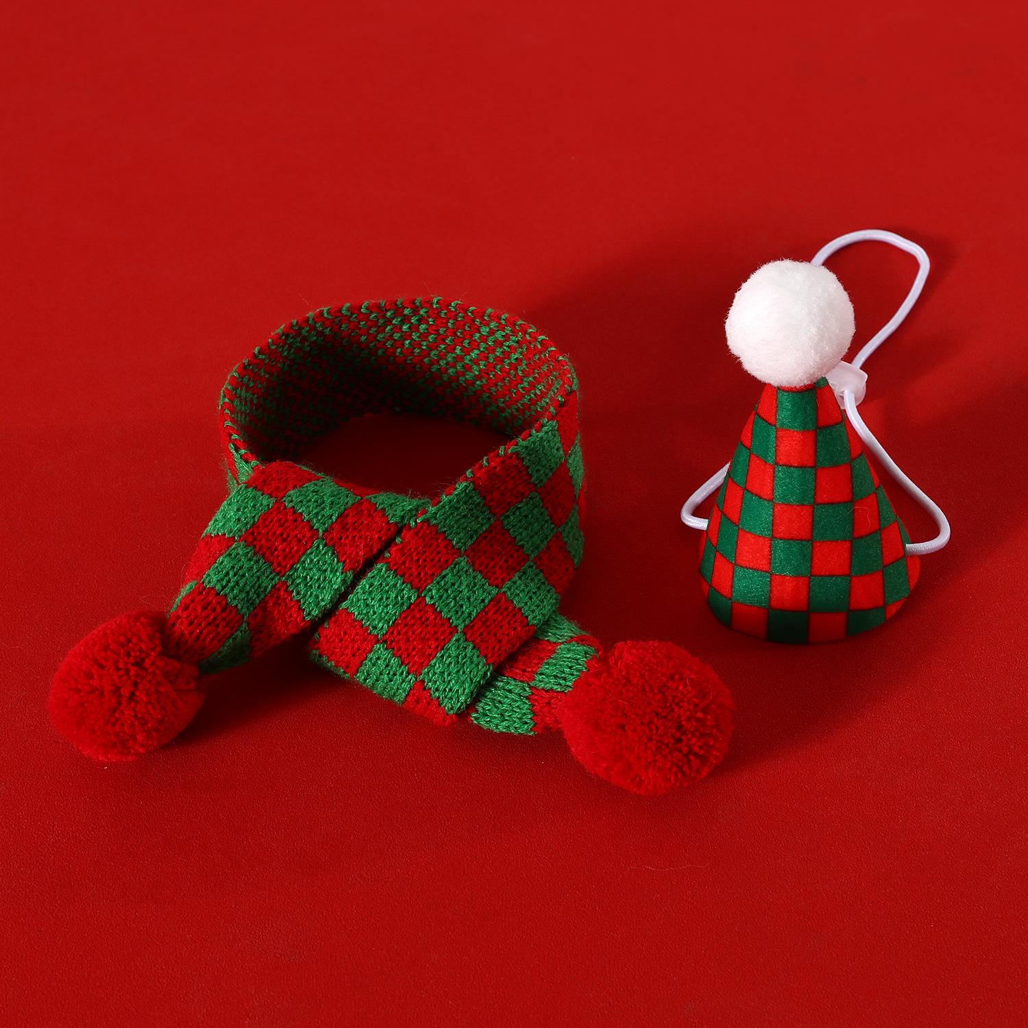 

2024 Pet Christmas Set for Cats and Dogs, Plaid Snowflake Knit Scarf, Collar, and 3D Pom-Pom Hat Headwear