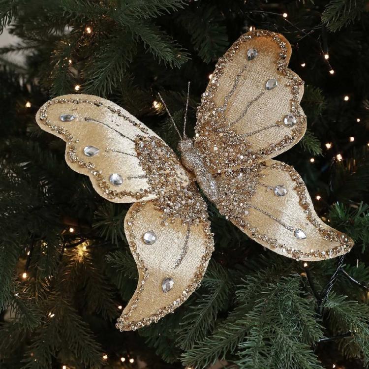 Shatter Resistant Glittering Butterfly Christmas Tree Ornament 25Cm Velvets Design Indoor Outdoor Holiday Party Decoration