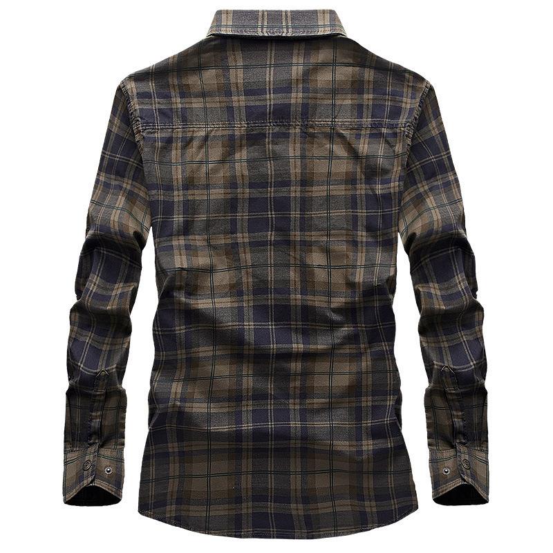 Tooling Style Autumn New Men's Plaid Long-sleeved Shirt Trendy Inch Shirt Top Men's Velvet Army Green