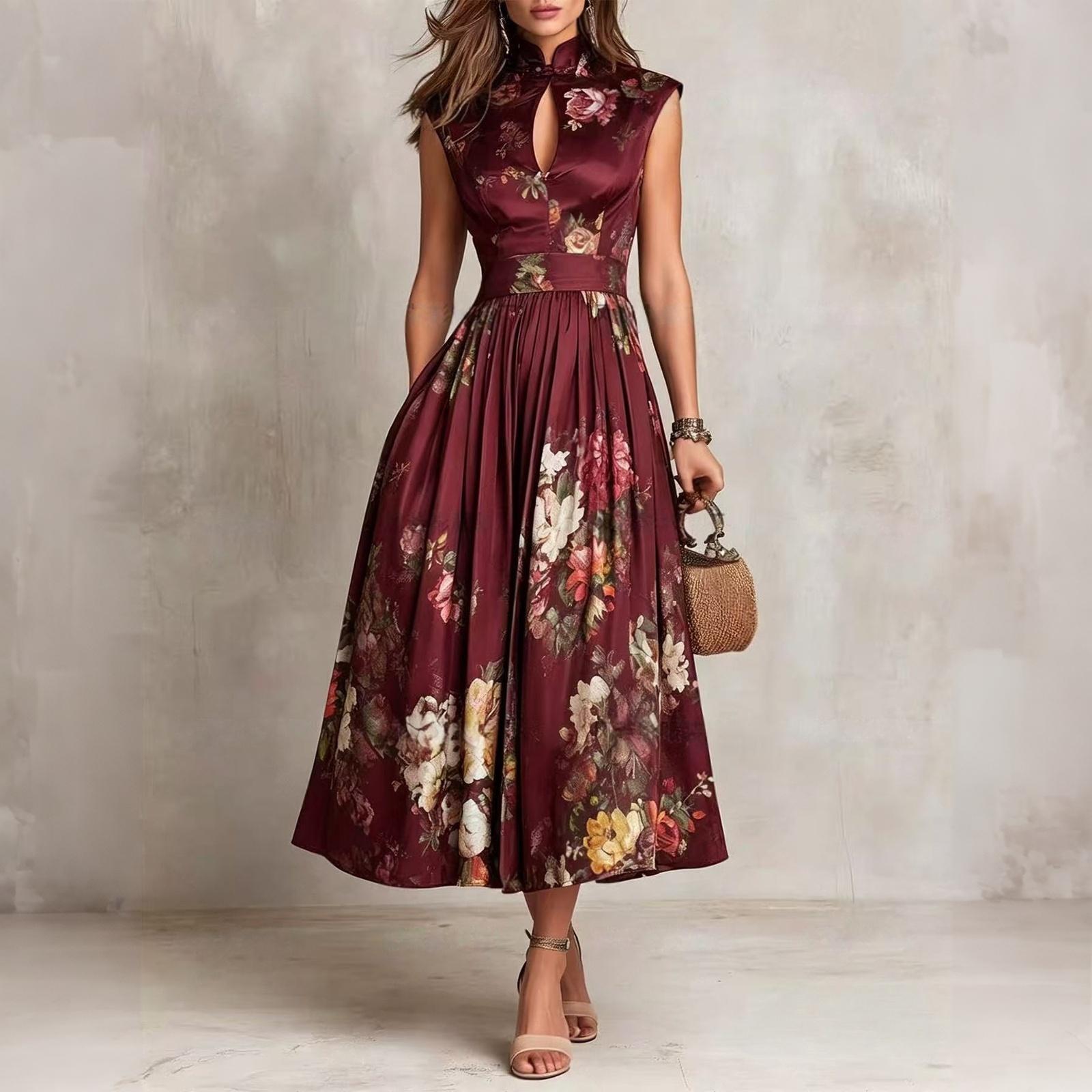 Ärmelloses Blumenkleid für Damen, tailliert, Fit-and-Flare Midi-Kleid mit Schlüsselloch-Ausschnitt und Faltenrock L weinrot