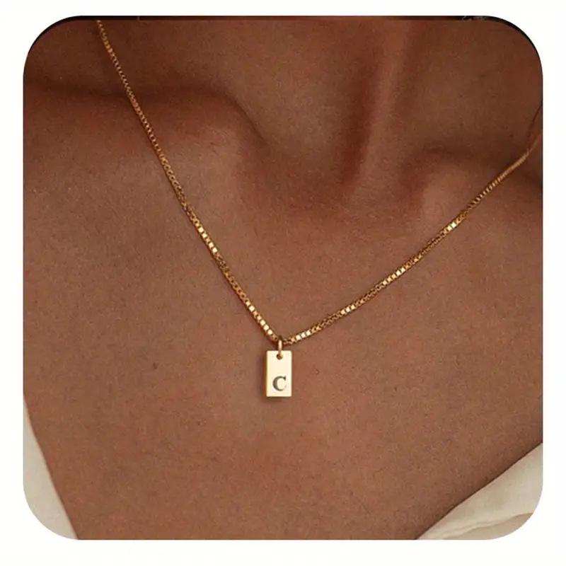 Exclusive 18K Gold Vacuum-Plated Stainless Steel Engraved Square Pendant Necklace with Alphabet Letters