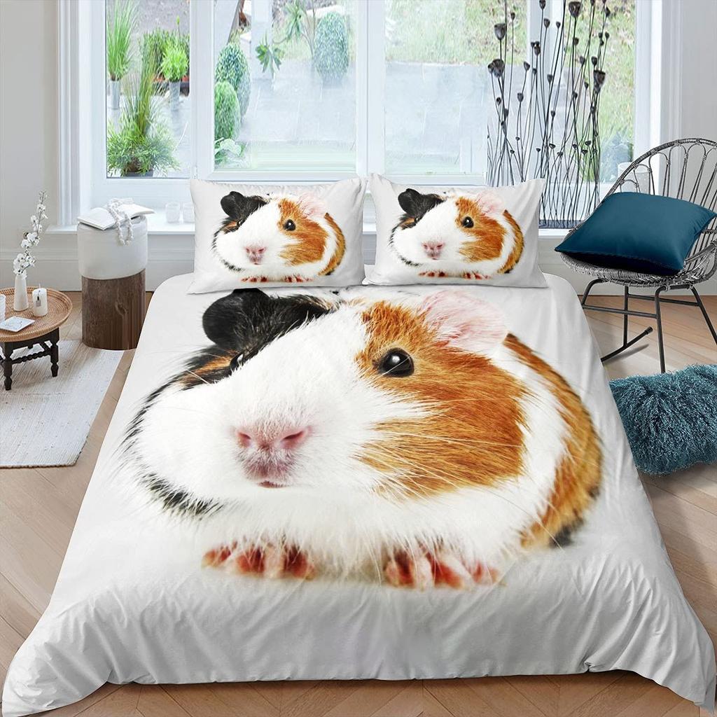 Guinea Pig King Queen Bedding Set Lovely Cartoon Mouse Duvet Cover Flower Plant Animal Comforter Cover Polyester Quilt Cover