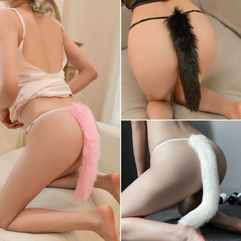 Women Sexy Thong Panties Faux Animal Rabbit Tail Internet Celebrity Shoot Sex Long Tail Panties Tricolor Fox Dog Rabbit Tail