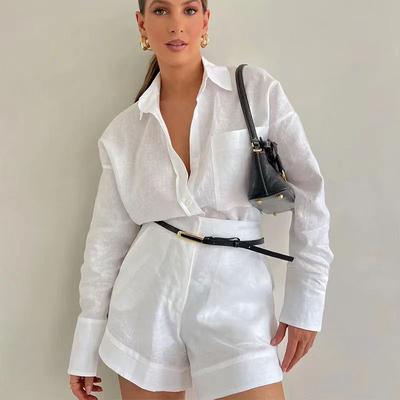 Fashion Loose Casual Long Sleeve Short 2 Piece for Women Lapel Shirt High Waist Shorts Suit Spring Highstreet Lady Outfit