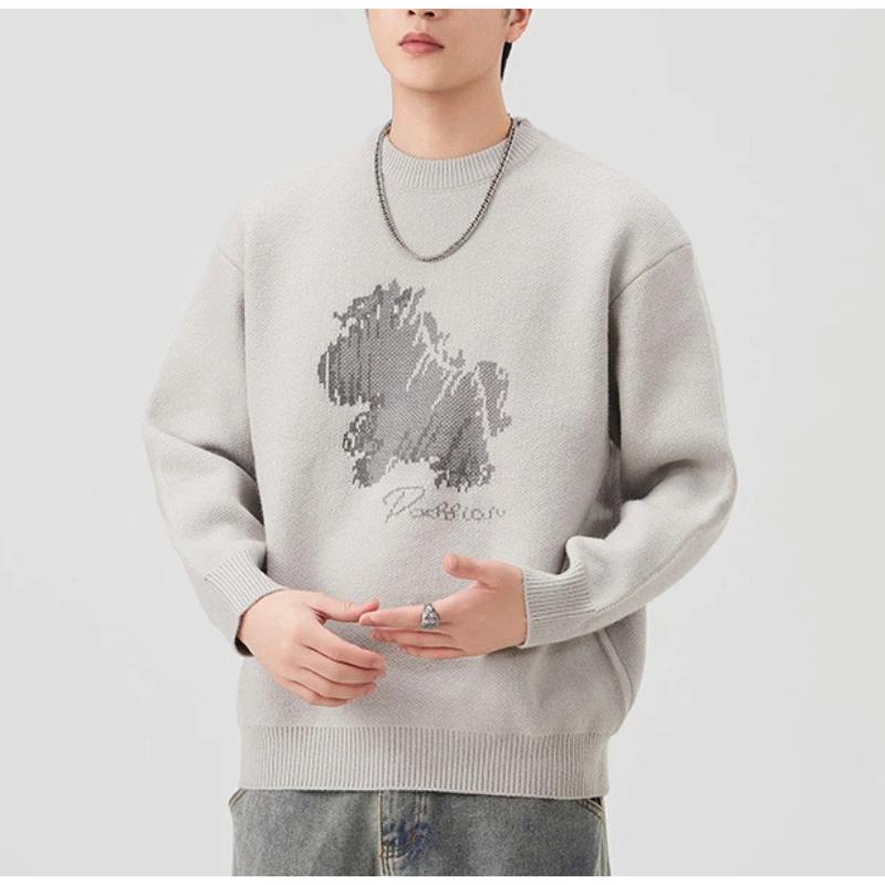 Men's Light Grey Crew Neck Sweater Abstract Pattern Loose Fit Casual Knit Pullover