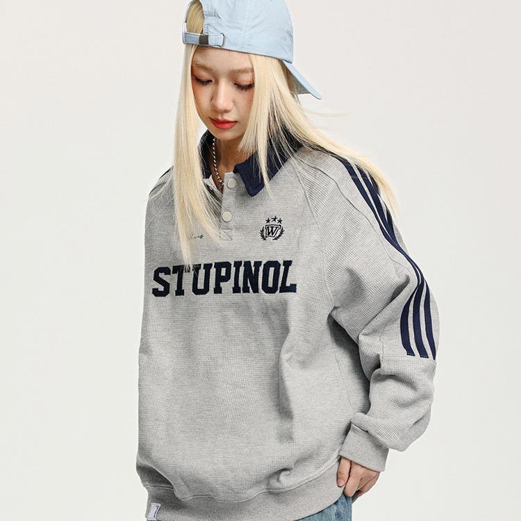 American Retro Collegiate Waffle Polo Neck Sweatshirt Women's Loose Casual Couple Wear Striped Raglan Sleeve Top