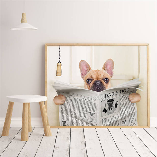 

Забавная собака, читающая газету, украшение, фреска, цветной постер, холст, картина и настенная живопись для ванной комнаты, современный домашний декор, без рамки 21*30cm