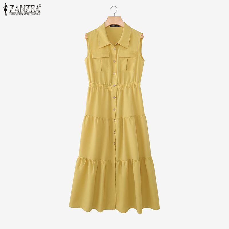 ZANZEA Women Casual Turn Down Collar Loose Sleeveless Dress