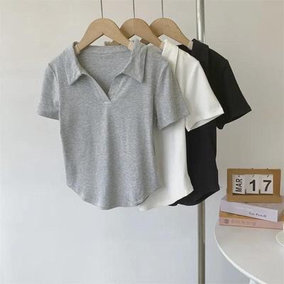 Dámské francouzské polo tričko s krátkým rukávem – s vysokým pasem, korejský styl, ležérní letní top