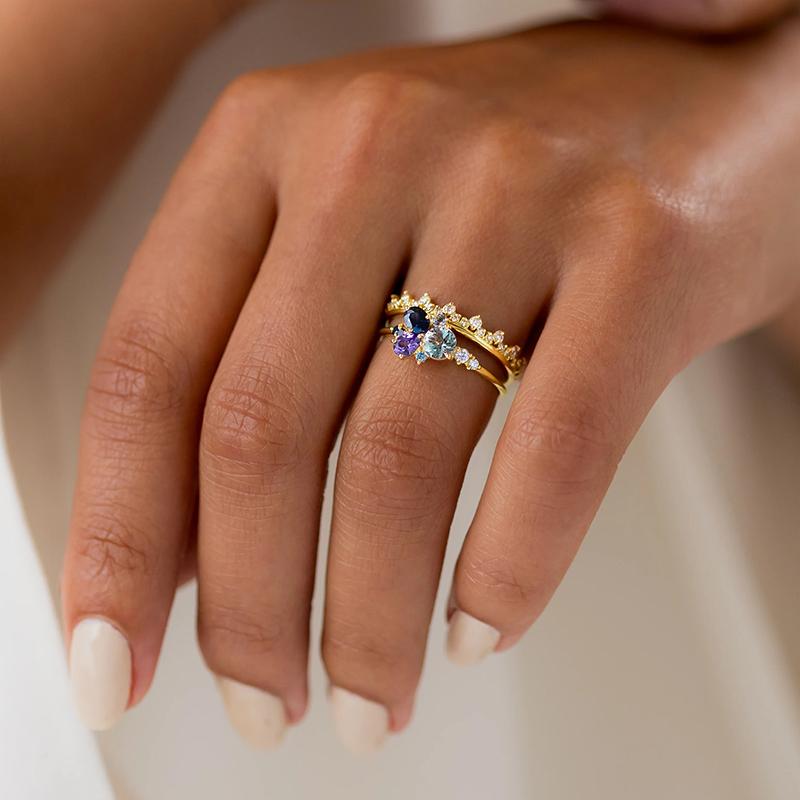 Huitan Multi Colored CZ Set Rings for Women Wedding Anniversary Party Luxury Elegant Lady Accessories Gold Color Fashion Jewelry