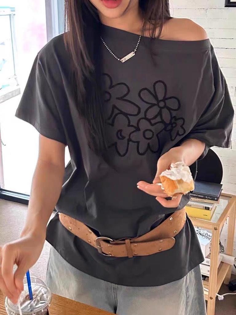 Floral Embroidered Off-Shoulder Short Sleeve Women's Summer Loose Casual Top