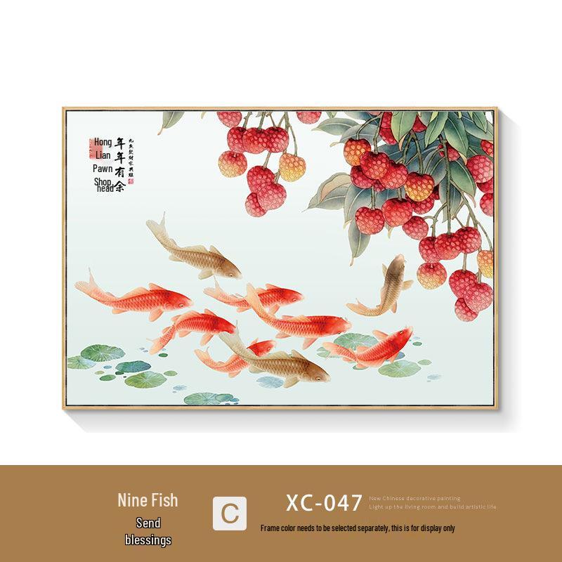 Nine Fish Wealth & Abundance Lotus Painting - New Chinese Style Decorative Wall Art for Dining Room