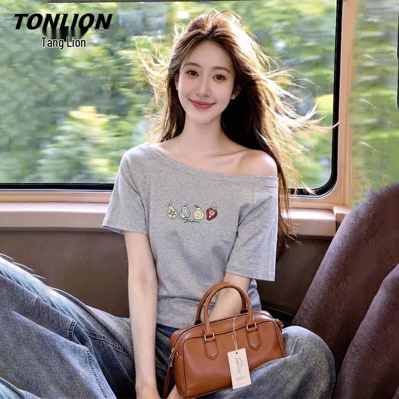 TonLion Women s Oblique Shoulder Cartoon Fruit Print T-Shirt XL