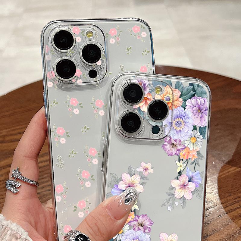 Farbiger Blumendruck, klare, stoßfeste Handyhülle für iPhone 16 Pro Max 15 Pro 14 13 12 11, Hart-PC-Linsenschutz, schlanke, transparente Stoßstangenabdeckung