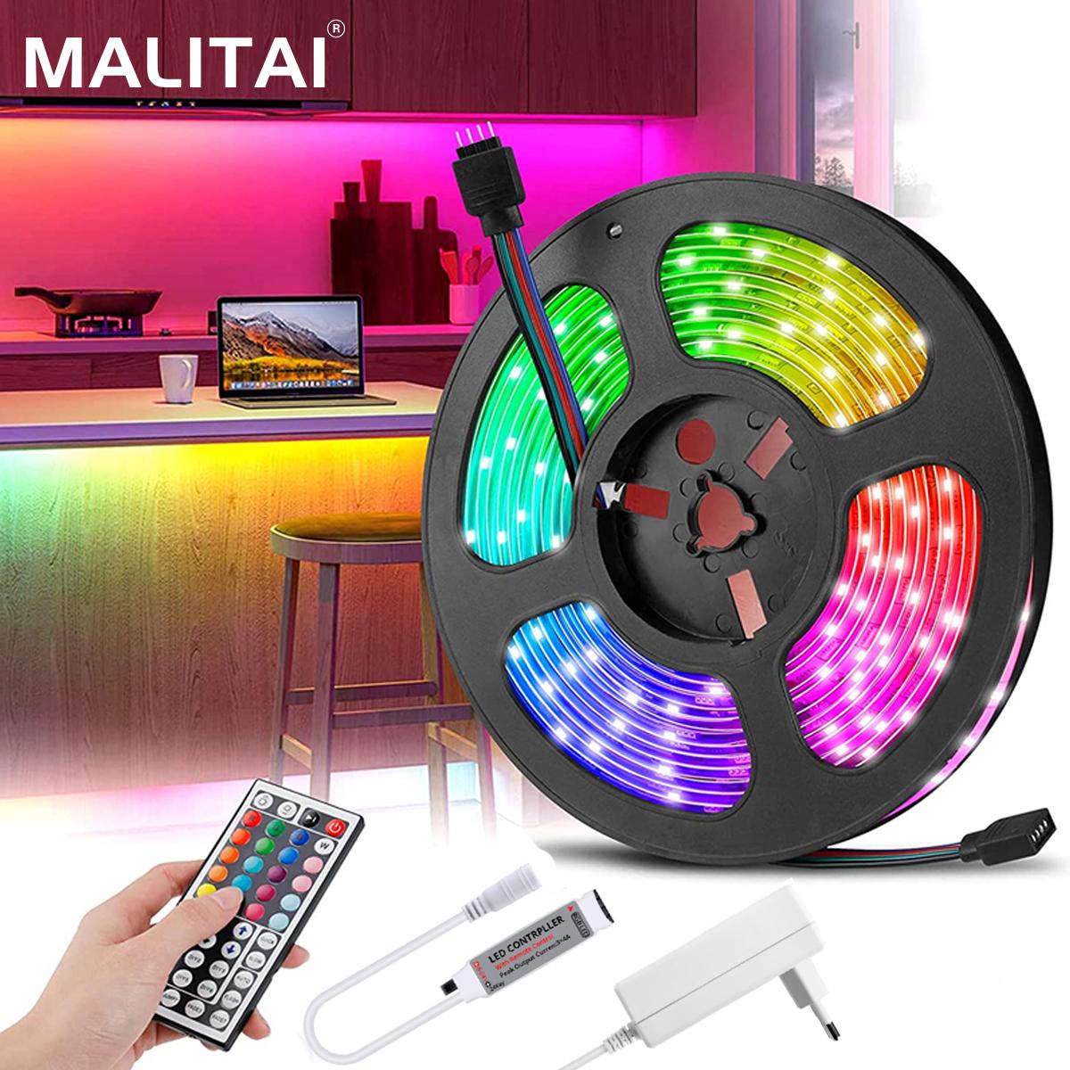 

Светодиодная лента MALITAI, инфракрасная 44-клавишная RGB 5050 Fita, 1-20 м, ТВ, компьютер, спальня, фон, Рождественский декор, осветительная цепочка с вилкой европейского стандарта 1M 3.3FT/EU Plug