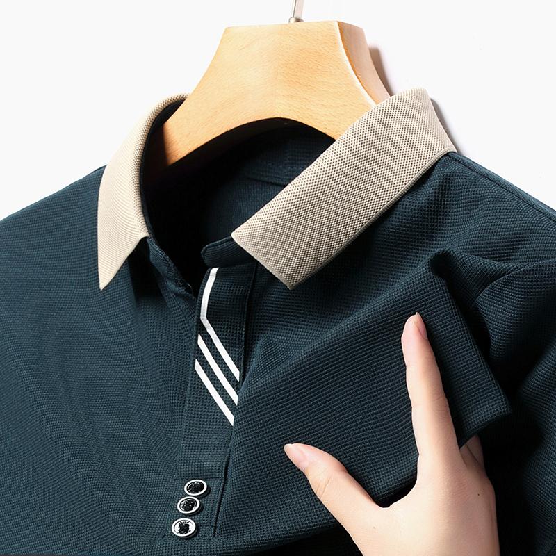 Korean Handsome New Summer Ice Silk Polo Shirt Loose Breathable Short Sleeved Thin Polo Striped Casual Tops Men's Clothing