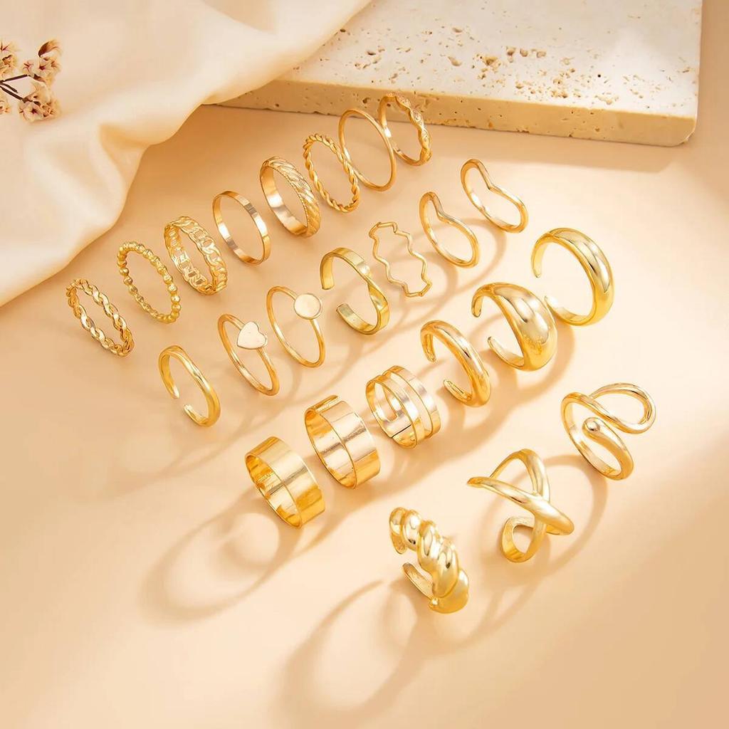 Salircon 24 Pièces/Ensemble Anneaux Métalliques Lisses Couleur Or Vintage pour Femmes Hip Hop Géométriques Anneaux Réglables Doigt Bijoux Quotidien Cadeau