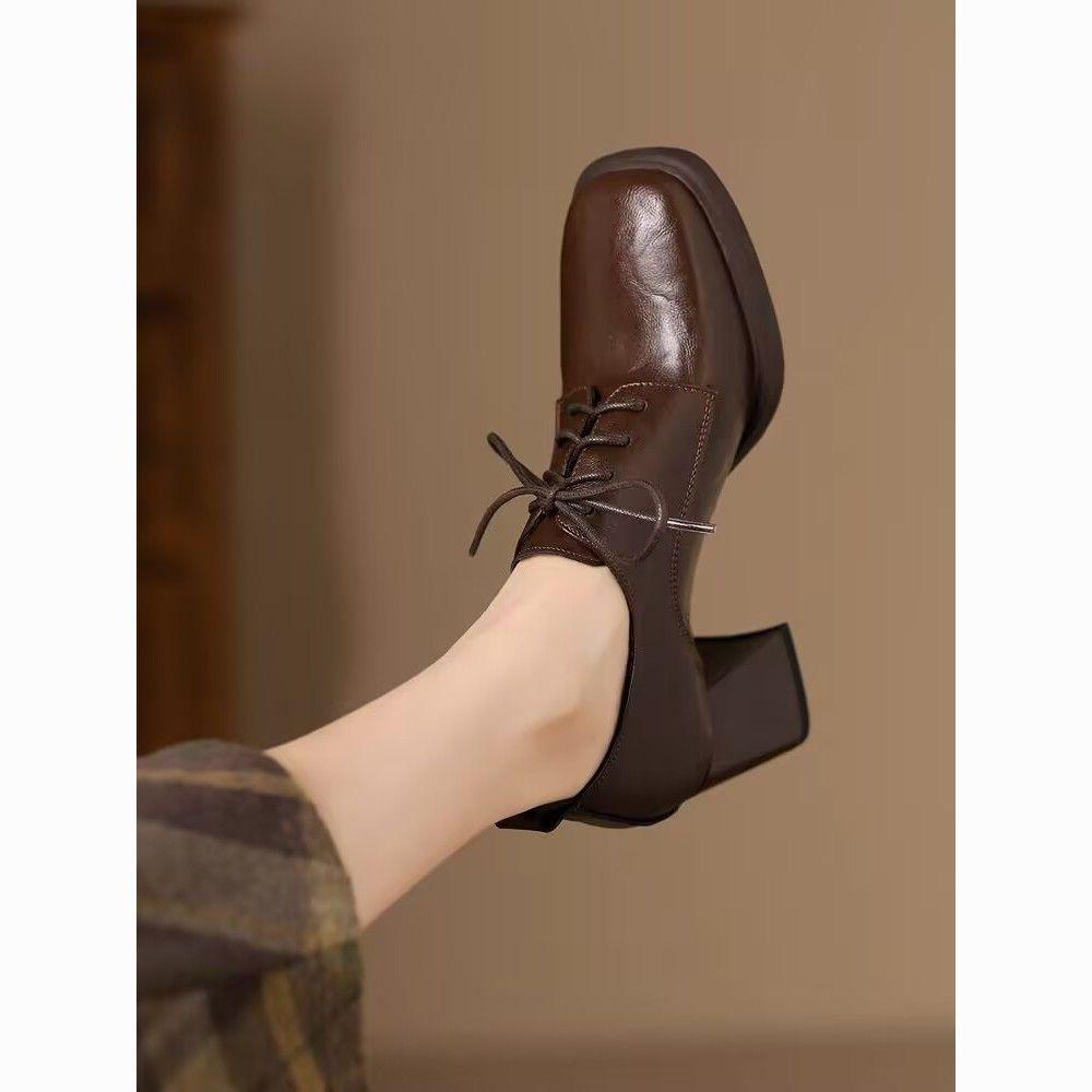 British-Style Women's Lace-Up Chunky Heel Loafers - Spring 2025 Collection: Comfortable Leather Shoes.