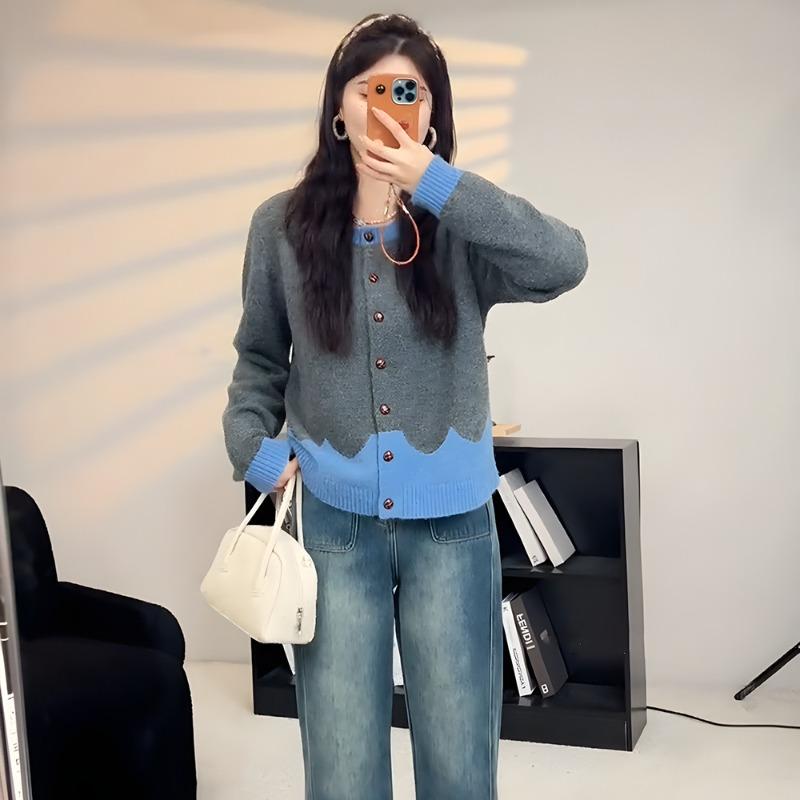 

Новый ретро контрастный цвет вязаный кардиган женский осенне-зимний новый тонкий дизайн свитер куртка топ женская мода one size fits all