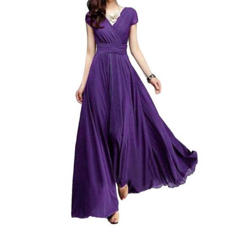 Sukienka Maxi Plus Size dla Kobiet Dekolt V Krótki Rękaw Dopasowana Suknia Wieczorowa Jednolity Kolor