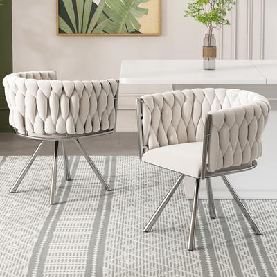 Samt Esszimmerstuhl, 2er-Set, Einzelner leichter Luxus Wohnzimmer Schlafzimmer Drehstuhl, Freizeit-Drehstuhl mit vier Metall-Stützbeinen, Beige+Silber
