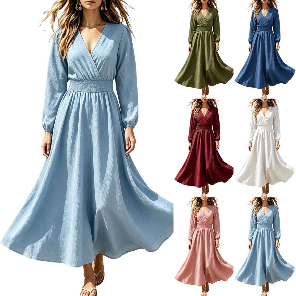 Women's Elegant Color V-Neck Long Sleeve Fitted Waist Dress for Work Party Daily Wear
