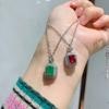 Retro Square Emerald Pendant Simulation Pigeon Blood Red Treasure Necklace Jewelry Accessories Set
