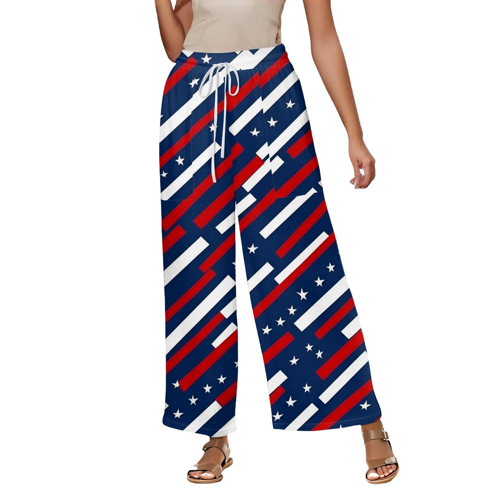 Women s Summer Elastic Waist Independence Day Printed Cotton And Linen Loose Cropped Pants XL винный