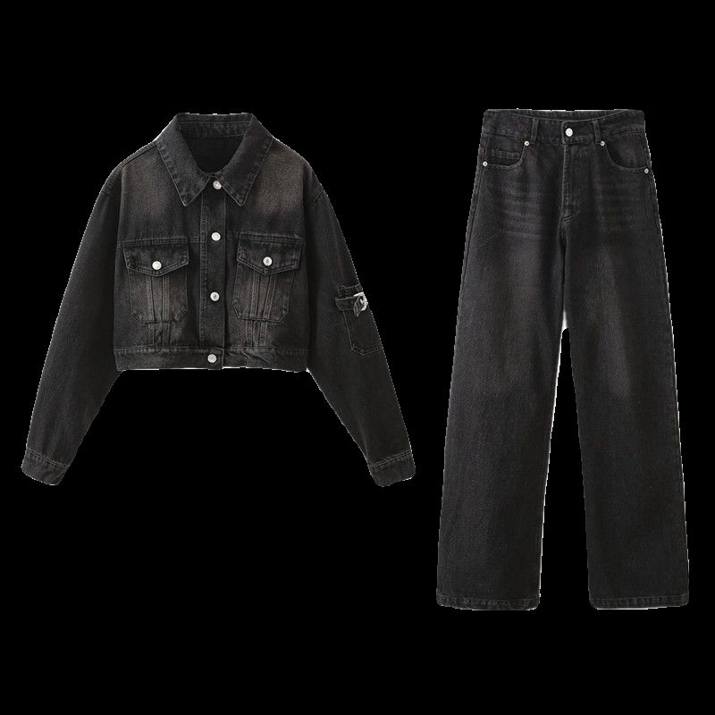 Fashion Wind Animal Pattern Washed Denim Jacket Coat Strap Decoration High Waist Wide Leg Denim 6045051