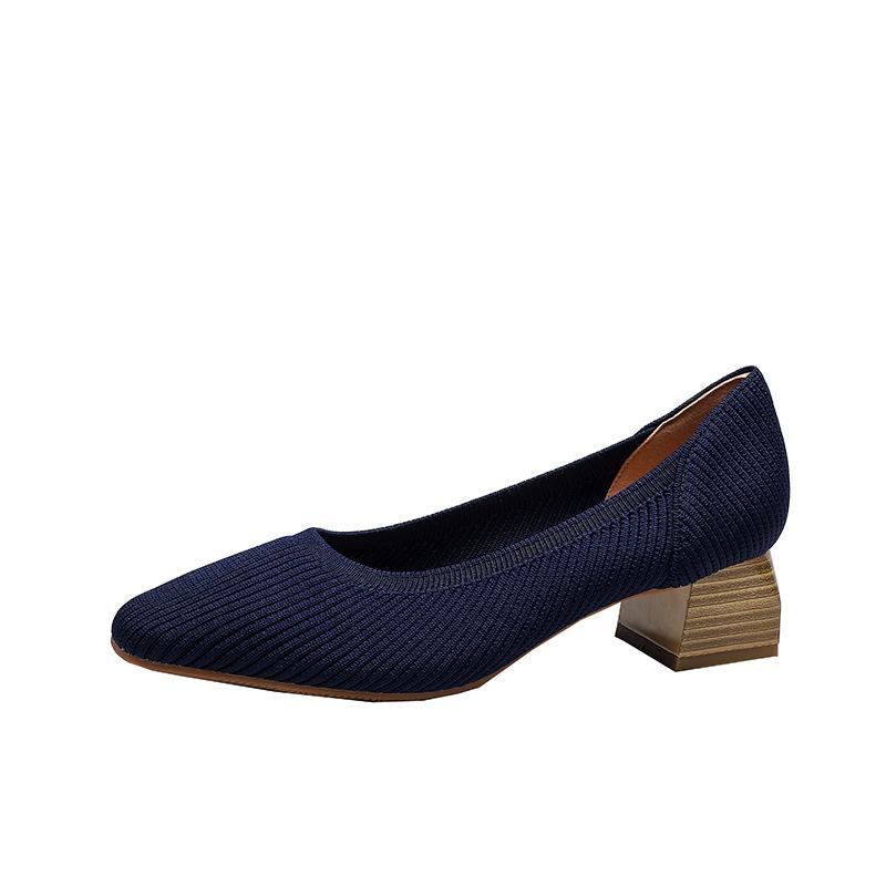 Square head medium heel single shoes women's shallow mouth new fly-woven one-pedal soft-soled thick heel high heels