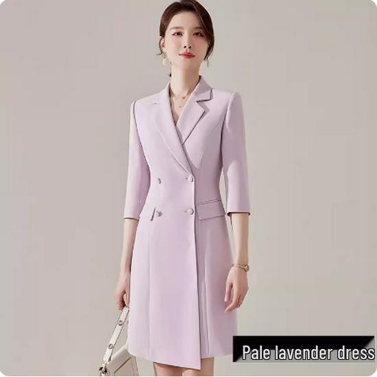 Spring/Summer White Double-Breasted Midi Dress with Suit Collar and Formal Workwear Elegance