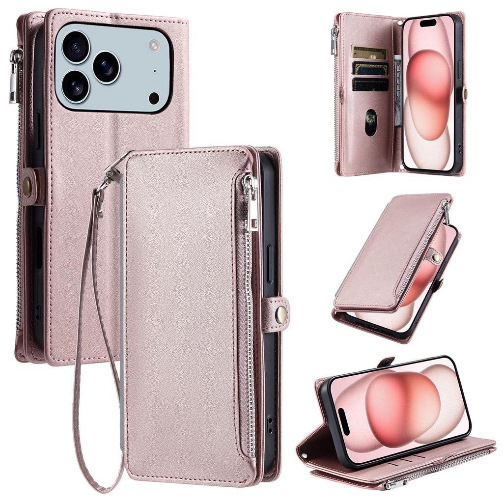 For iPhone 17 Pro Max Case TPU+PU Leather Wallet Phone Cover with Wrist Strap