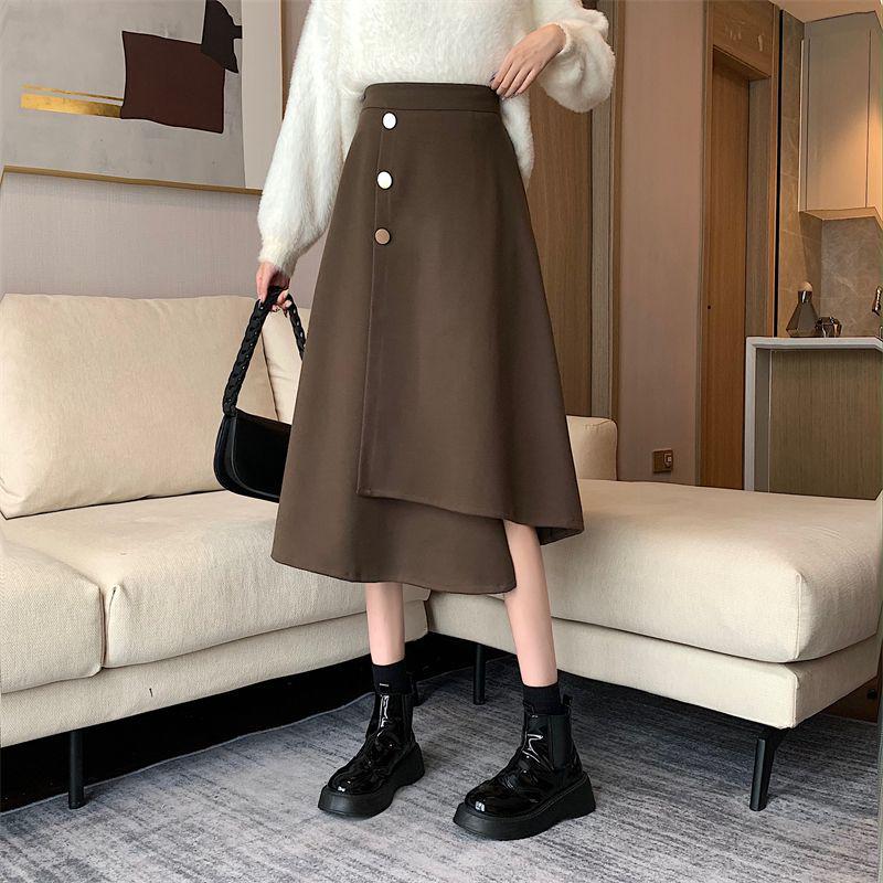 2025 Elegant Woolen A-Line Skirt: Irregular Hem, High Waist, Slimming Design for Women - Perfect for Autumn and Winter.