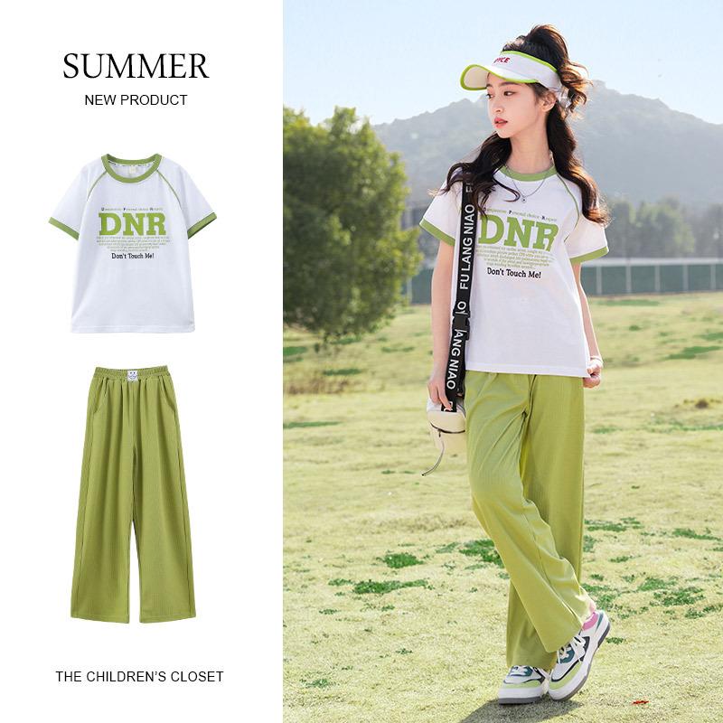 

Летний повседневный костюм для больших детей, трикотажный костюм с короткими рукавами для девочек, брюки 120
