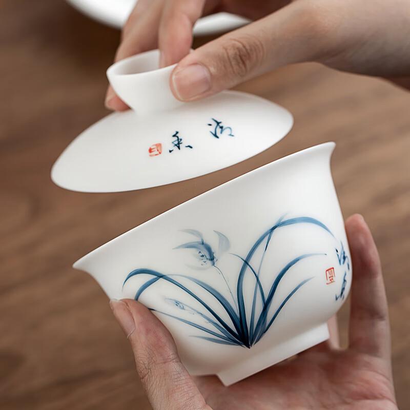 Handbemalte Keramik-Gaiwan mit goldverziertem Jade