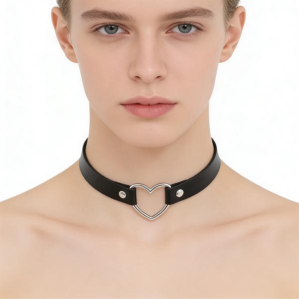Unisex European Punk Black Leather Choker with Metal Chain and Lock Pendant.