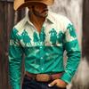 Men Long Sleeve Turn‑down Collar Shirt Vintage Western Cowboy Silhouette Star Print Button Up Street Rodeo Party Casual Wear Top