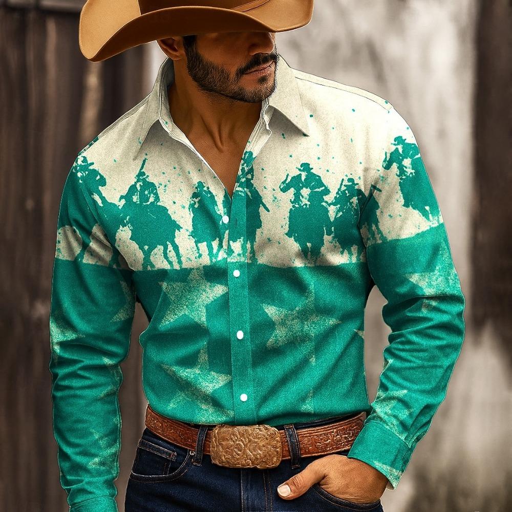 Men Long Sleeve Turn‑down Collar Shirt Vintage Western Cowboy Silhouette Star Print Button Up Street Rodeo Party Casual Wear Top