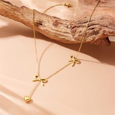 18K Gold Plated Dainty Chain Necklace with Bow  Heart Charms, Adjustable Y-Necklace with Bow Tassel, Cute Sweet Jewelry for Women Daily Wear Gift
