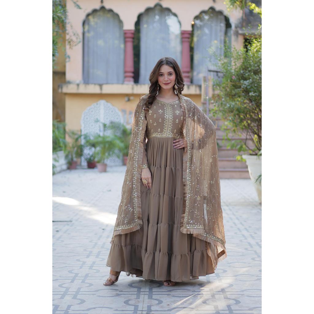 Desirable Women's Fully Flair Gown Made With Star Georgette Fabrics and Designer Embroidered Dupatta With Attractive Lace Border ,COLOUR:- 4