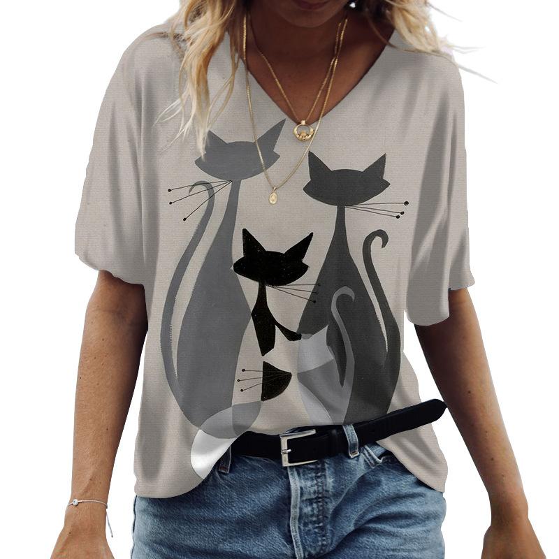 Kawaii Cute 3D Printed Cat Women's T-shirt Women's Clothing Short Sleeve V-neck Summer T-shirt