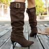 Fashion Buckle Strap High Heel Long Boots for Women Fashion Pointed Toe Stiletto Heeled Party Shoes Women Pleated Design Knee High Boots