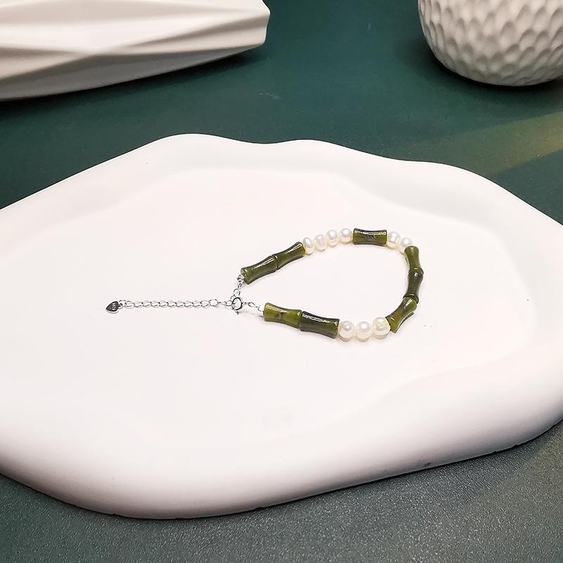 Women's Olive Jade Bamboo Joint Bracelet: Chinese S925 Silver, Natural Pearl, Retro, Versatile Style.