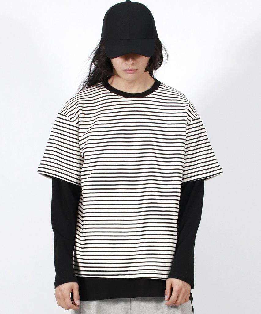 Deumakeu M Layered Sleeve Boxy Fit Crew Neck T-Shirt Stripe-Ivory
