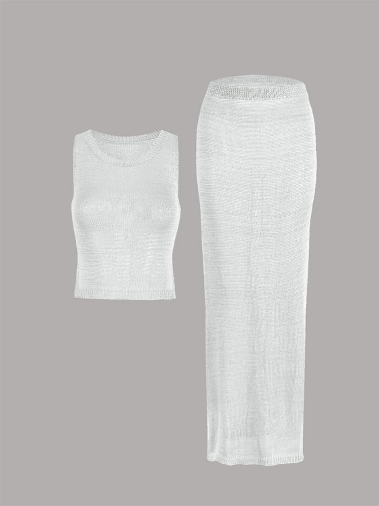 Stylish Blue Crochet Knit Tank Top Maxi Skirt Set Womens Two Piece Beach Cover Up K68