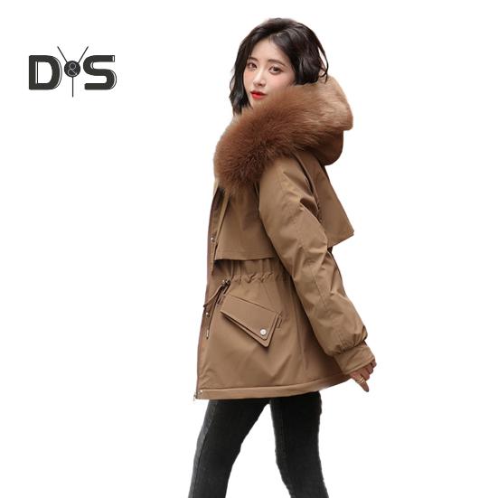 Jaqueta feminina acolchoada, casaco forrado de pelúcia com cordão na cintura, jaqueta acolchoada quente de inverno com capuz de pele sintética para trabalho, moda urbana