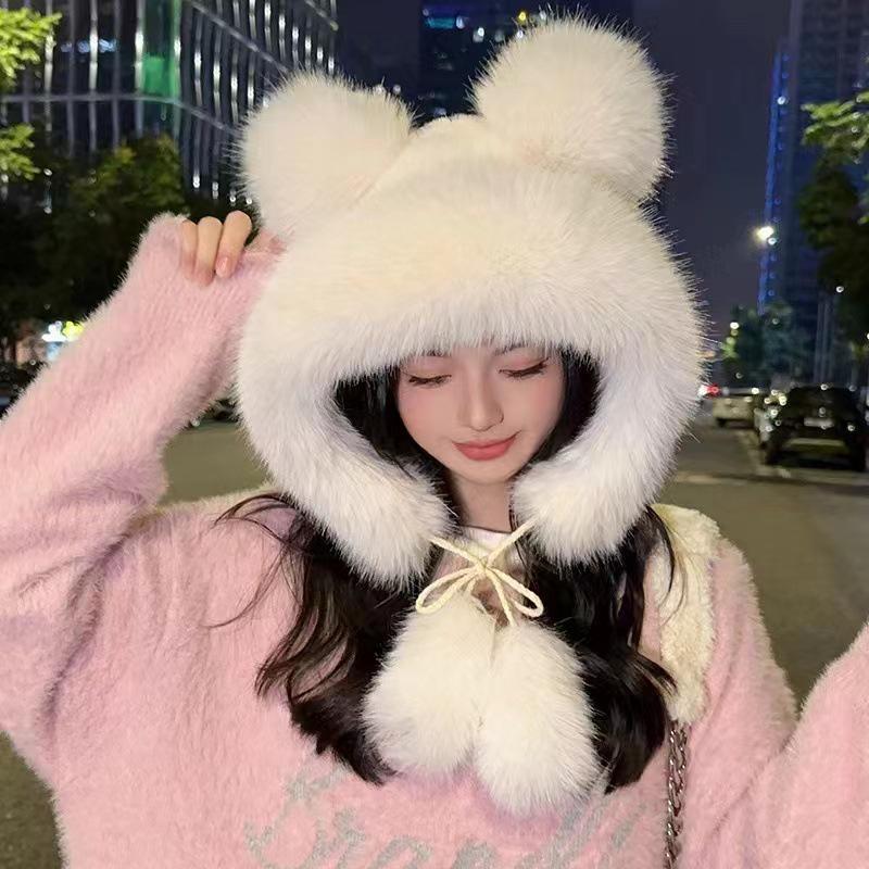Women's Plush Bear Ear Hat: Cute, Thickened, Fox Fur, Wind & Snowproof Ear Protection