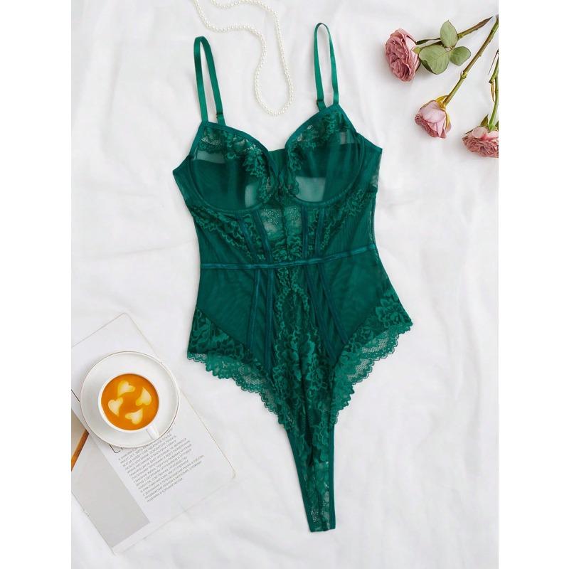 

Pink ultra-thin lace splicing slim suspenders slim gathering sexy onesie XL зелений